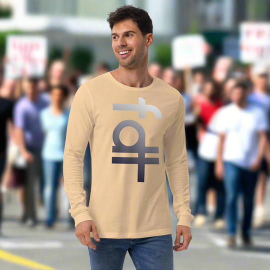 Unisex long sleeve tee with "fdt" graphic, worn by a smiling person in a casual setting.