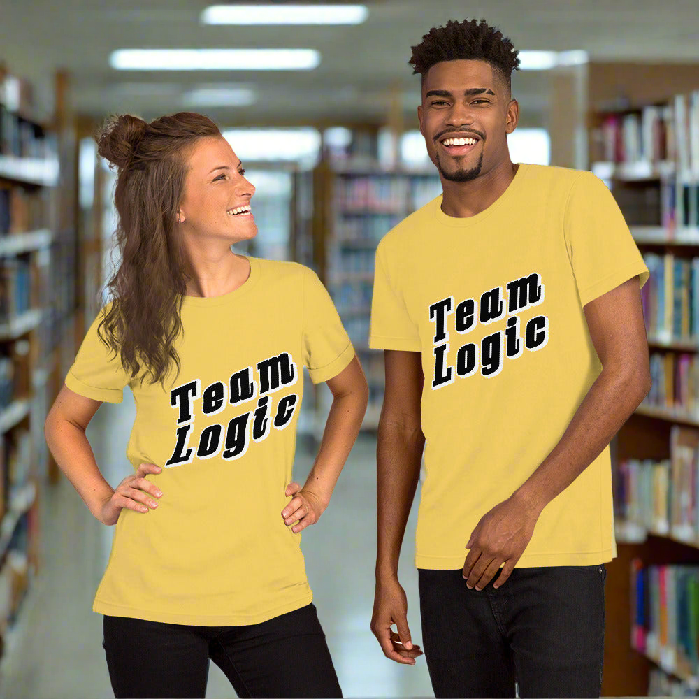 Team Logic Unisex t-shirt in library setting promoting science and rationality.