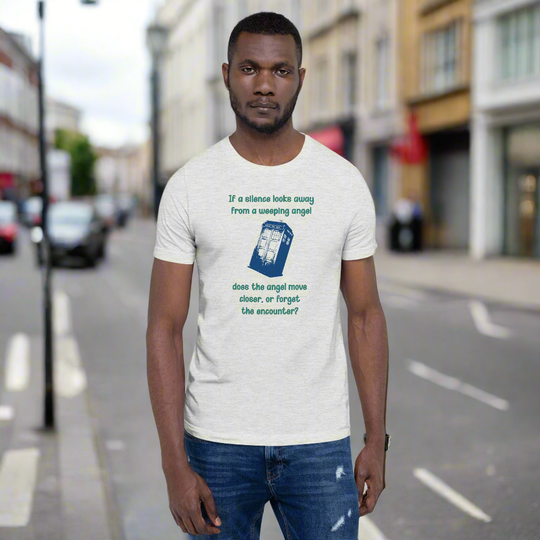 Dr Who Silence vs Weeping Angel unisex t-shirt featuring a Doctor Who design with a TARDIS and thought-provoking text.