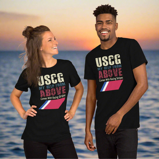 USCG "My Help from Above" unisex t-shirt with racing stripes design.