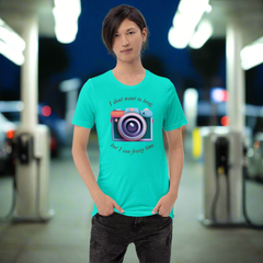 Unisex t-shirt with "I don't want to brag but I can freeze time" text and camera graphic.
