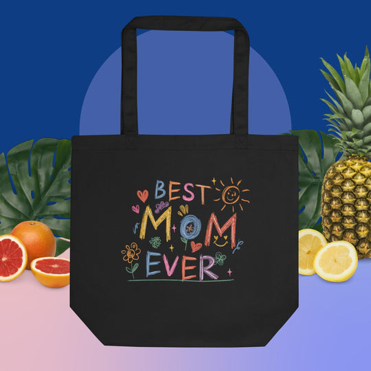 Eco-friendly tote bag with "Best Mom Ever" design, made from organic cotton.