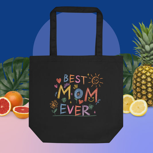 Best Mom Ever eco tote bag with colorful design, organic cotton, reusable.