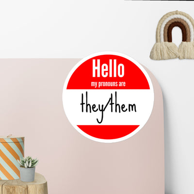 Hello My Pronouns Are They/Them retro circular name tag sticker with red header and white background