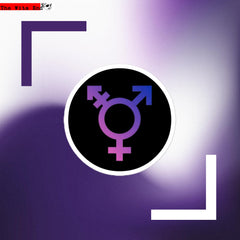 Neon gradient trans pride symbol sticker with violet-to-blue colors on black background and white border