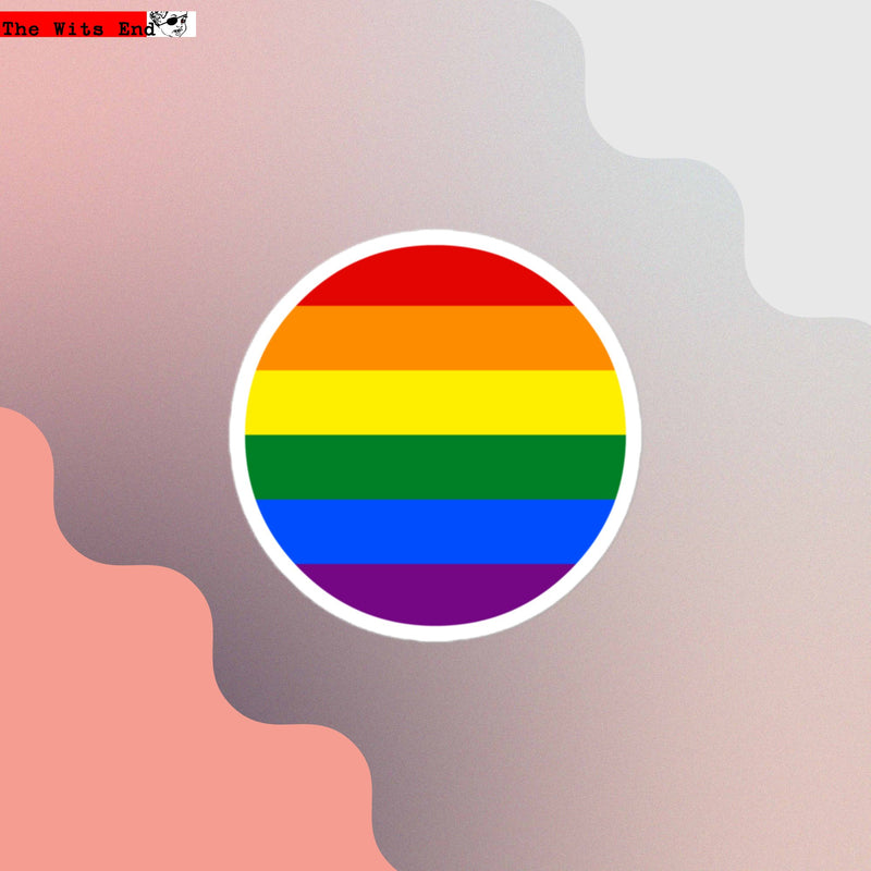 Circular Rainbow Pride Flag vinyl sticker with vibrant six-color LGBTQ+ design