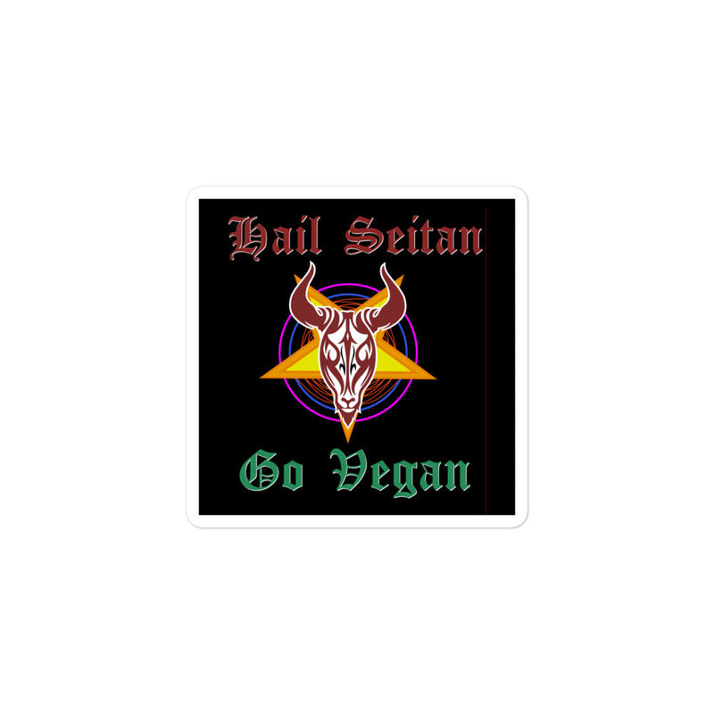 Hail Seitan Bubble-free stickers feature black vinyl with red Gothic lettering, a horned devil, pentagram and green text.
