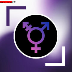 Neon gradient trans pride symbol sticker with violet-to-blue gradient on black background and white round border