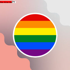 Circular Rainbow Pride Flag vinyl sticker with vibrant six-color LGBTQ+ design and white border