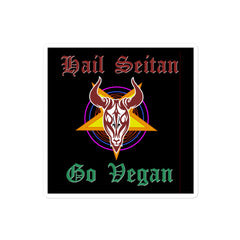 Hail Seitan Bubble-free stickers with black vinyl, red and green Gothic lettering, and a horned goat over a colorful pentagram.