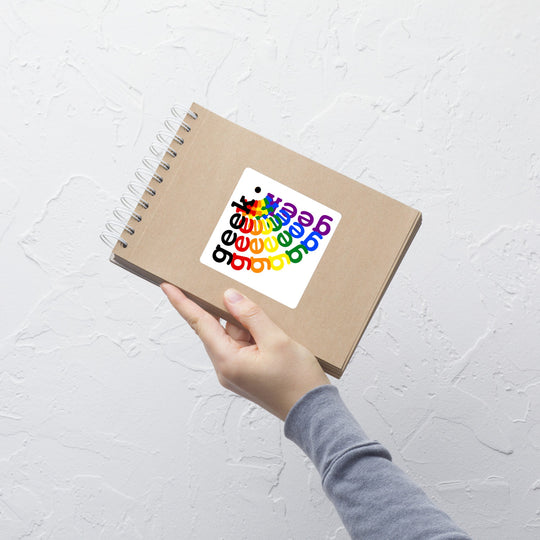 Rainbow geek bubble-free sticker on notebook, durable vinyl, easy application.
