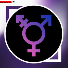 Neon gradient trans pride symbol round sticker with violet-to-blue colors on black background and white border