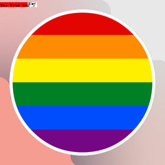 Circular Rainbow Pride Flag vinyl sticker with vibrant six-color LGBTQ+ design and white border