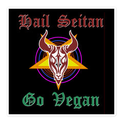 Hail Seitan Bubble-free stickers in black vinyl, featuring red and green gothic lettering and a horned skull over a starburst.