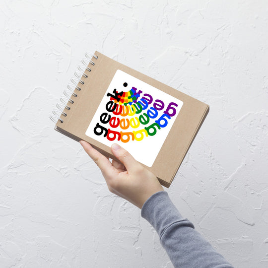 Rainbow geek bubble-free sticker on a notebook, showcasing vibrant colors and durable vinyl for a smooth, bubble-free application.