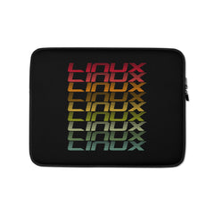 Neoprene laptop sleeve with retro Linux stack design, padded zipper, and faux fur lining for 13" and 15" laptops.