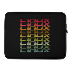 Neoprene laptop sleeve with retro Linux stack design, water and heat resistant, padded zipper, and faux fur lining for 13" and 15" laptops.
