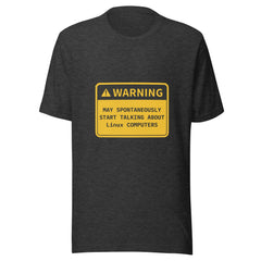 Retro OS Warning T-shirt with bold text "Warning: May Spontaneously Start Talking About [Platform]" displayed on black background