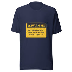 Retro OS Warning T-shirt with bold "Warning: May Spontaneously Start Talking About [Platform]" text in industrial style