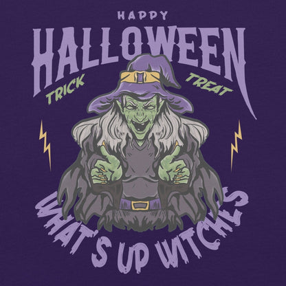 Unisex t-shirt with "What's up witches" Halloween design featuring a green-skinned witch in a purple hat.