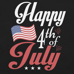 Unisex t-shirt design featuring "Happy 4th of July" text with an American flag and celebratory elements.