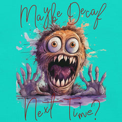 Unisex t-shirt with "Maybe Decaf Next Time?" and startled creature design.