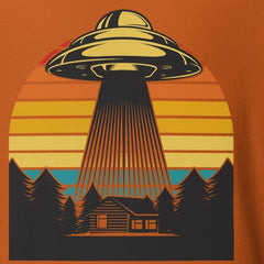UFO abduction unisex t-shirt with retro sunset design.