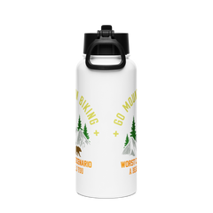 Stainless steel water bottle with straw lid for mountain biking.