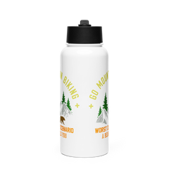 Stainless steel water bottle with straw lid featuring mountain biking design.