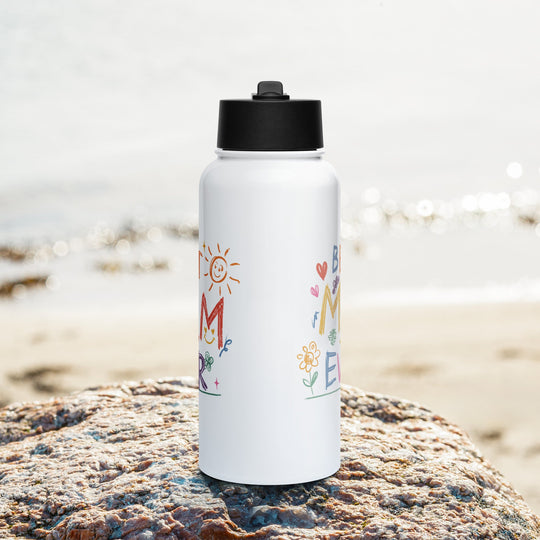 Best Mom Ever stainless steel water bottle with straw lid, double-walled, 32 oz, beach background.
