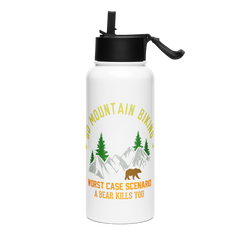 Stainless steel water bottle with straw lid, mountain biking design, 32 oz, trees and mountains graphic.