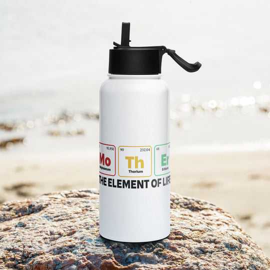 Stainless steel water bottle with straw lid on rocky beach; "Mother - the Element of Life" branding.