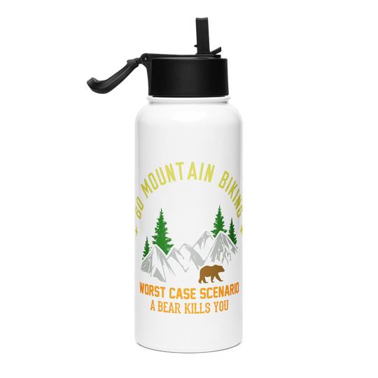 Stainless steel water bottle with straw lid featuring mountain biking design with bear, ideal for workouts.