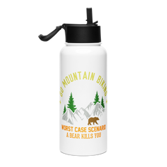 Stainless steel water bottle with straw lid featuring mountain biking design with bear, ideal for workouts.