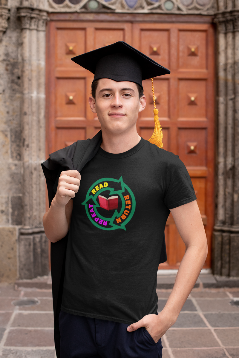 READ - RETURN - REPEAT in recycle symbol with open book Unisex t-shirt