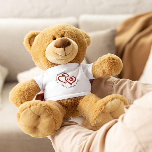 Teddy bear wearing "A Mother Understands What A Child Does Not Say" t-shirt, perfect cuddling gift.