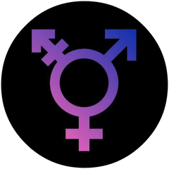 Neon gradient trans pride symbol sticker with violet-blue gradient on black background and white border
