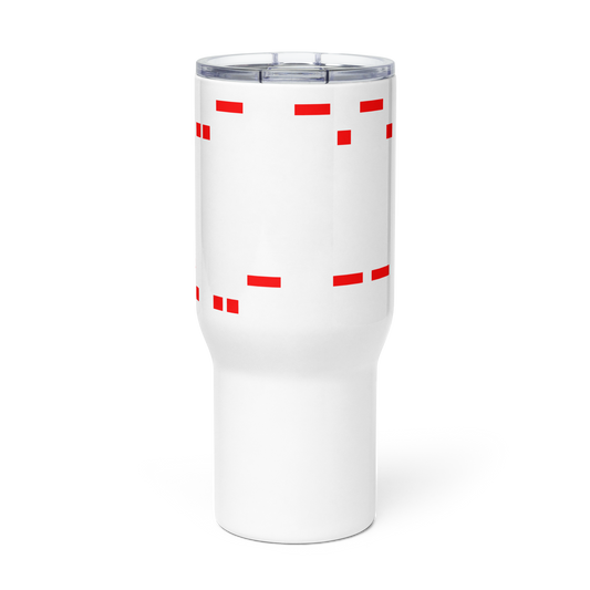 Mango Mussolini travel mug with handle, white with red square pattern, spill-proof lid.