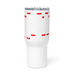 Mango Mussolini travel mug with handle, white with red square pattern, spill-proof lid.
