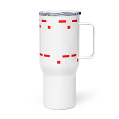 Stainless steel Mango Mussolini travel mug with handle and plastic lid.