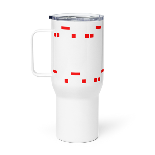 White travel mug with handle, red geometric design, and spill-proof lid.