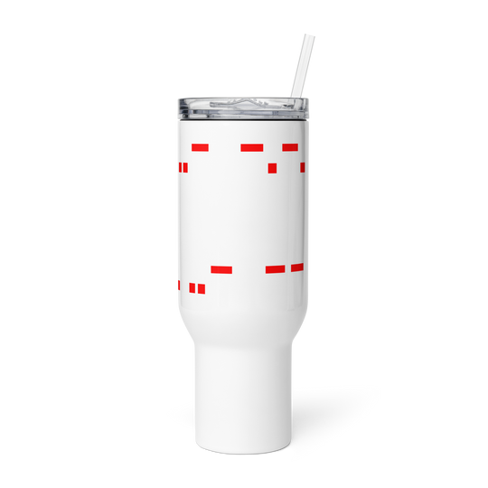 Mango Mussolini travel mug with handle and red accents, sleek design, equipped with plastic straw and lid.