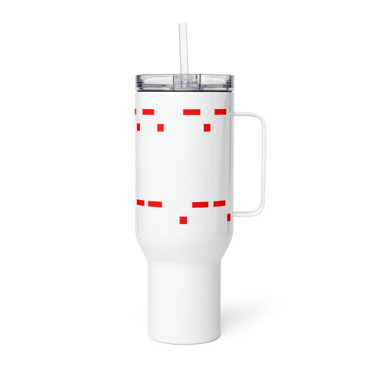 Mango Mussolini travel mug with handle, stainless steel, white with lid and straw.