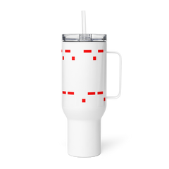 Mango Mussolini travel mug with handle, stainless steel, white with lid and straw.