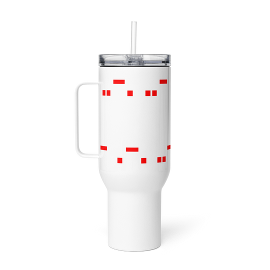 Mango Mussolini travel mug with handle, stainless steel, spill-proof lid, 40 oz size.