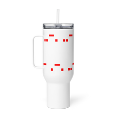 Mango Mussolini travel mug with handle, stainless steel, spill-proof lid, 40 oz size.