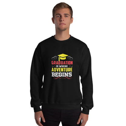 Unisex black sweatshirt with "Graduation is where adventure begins" design featuring a graduation cap and decorative text.