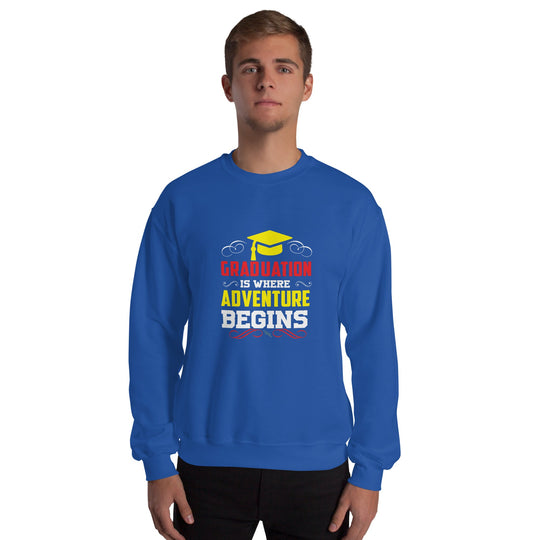 Unisex blue sweatshirt with "Graduation is where adventure begins" design.