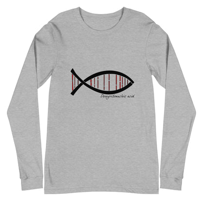 Science DNA Fish Unisex Long Sleeve Tee showcasing a DNA-inspired fish design, made from comfortable heather grey fabric.