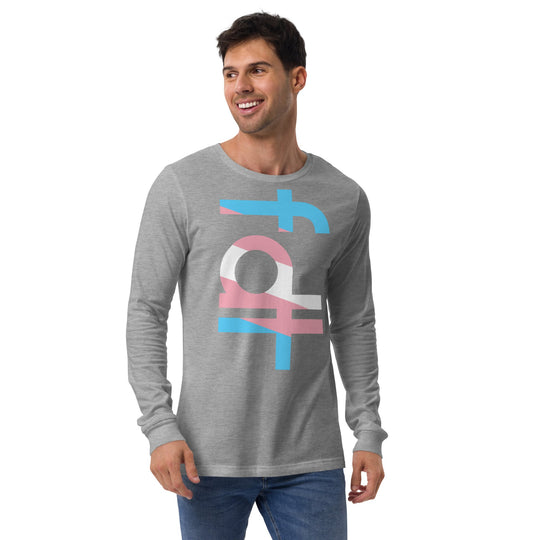 Unisex long sleeve tee featuring "fdt" in trans flag colors, casual and versatile style.
